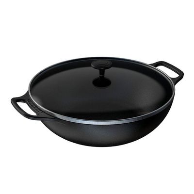 Panela Frigideira Wok Tv Pf 36cm Ferro Fundido 2 Alças Preta para Diversos Tipos de Fogão Libaneza