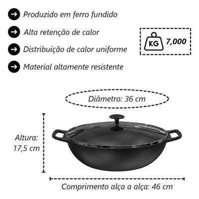 Panela Frigideira Wok Tv Pf 36cm Ferro Fundido 2 Alças Preta para Diversos Tipos de Fogão Libaneza