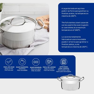 Caçarola Funda Tramontina Professional Aço Inox 1,8L com Tampa Plana e Fundo Triplo 16cm