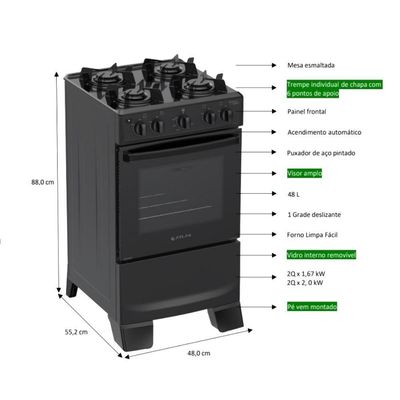 Fogão de Piso 4 Bocas a Gás Atlas Mônaco Lustro Mesa Esmaltada Automático Preto Bivolt