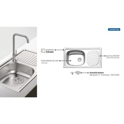 Cuba de Sobrepor Tramontina Alpha Inox Pré Polido 78 x 43 cm com Válvula 93840602