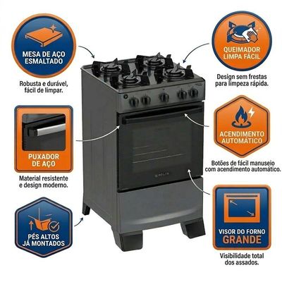 Fogão 4 Bocas Atlas Mônaco Lustro Automático Mesa De Aço Esmaltado Titanium Bivolt