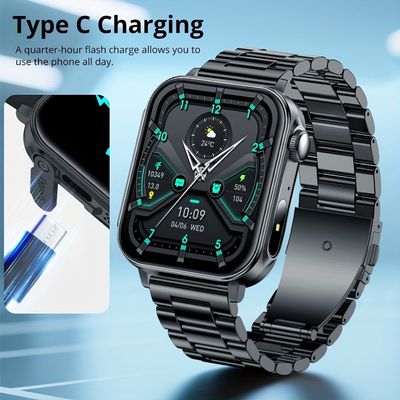 Relógio Smartwatch com Carregamento Tipo C, Função LED, Botão Rotativo Preto