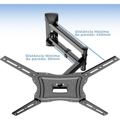 Suporte TV Parede Triarticulado 400x400 Ajuste Inclinação 90° Extensão 5-42cm