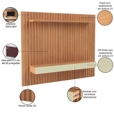 Painel Ripado Para TV 65 Pol 2 Gavetas 223cm Baraka D03 Freijó Off White - Lyam Decor