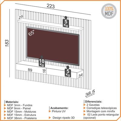 Painel Ripado Para TV 65 Pol 2 Gavetas 223cm Baraka D03 Freijó Off White - Lyam Decor