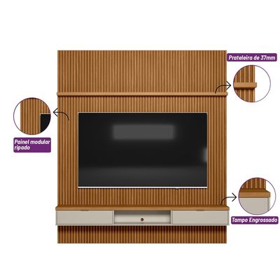 Painel TV 60" 219cm Nicho Suspenso Prateleira Marisa Nature Fosco L04 - D'Rossi