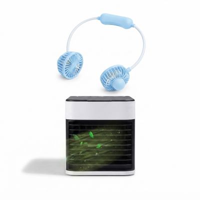 Kit Verão Conforto: Mini Ar Condicionado Portátil + Ventilador de Pescoço Azul