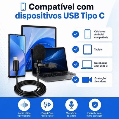 Microfone de Lapela USB Tipo C Smart Lions com Captação Nítida e Cabo 1,5M Preto