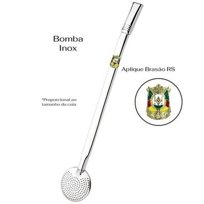 Kit Caixa Cuia Com Pé De Metal Lisa Natural Bomba Inox Chupeta Dupla Com Aplique Brazão Rs Porta Erva Em Couro Garrafa Inox 1 Lt