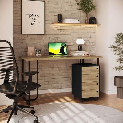 2 Peças para Escritório Mesa Industrial Gaveteiro 4 Gavetas e Rodinhas Preto Placa e Ponto