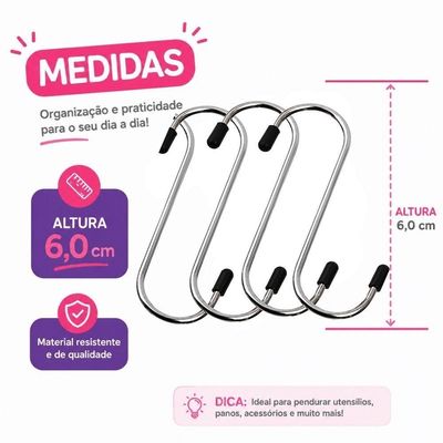 Gancho Multiuso Kit com 4 Ganchos Tipo S Metal Organizador para Guarda Roupa Inox Smart Lions