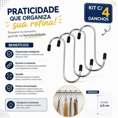 Gancho Multiuso Kit com 4 Ganchos Tipo S Metal Organizador para Guarda Roupa Inox Smart Lions
