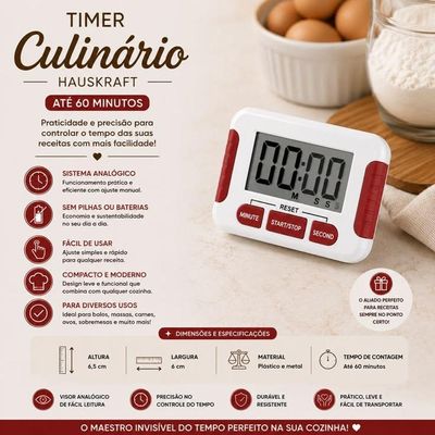 Timer Culinário Hauskraft Digital 90min com Imã para Geladeira Branco Plástico e Metal Analógico