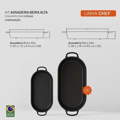 Conjunto 2 Assadeira Beira Alta 5146PM Ferro Fundido Puro para Forno e Fogão Inox Panela Mineira