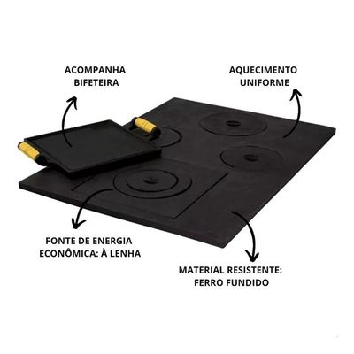 Chapa Fogão a Lenha Redução Paraná Ferro Fundido 4 Furos 69x49cm Rig Fundidos