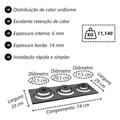 Chapa de Redução para Fogão a Lenha Libaneza 3 Furos Pesada Ferro Fundido 33x29x74cm