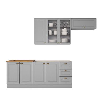 Cozinha Compacta com Aéreo para Geladeira Amy 8 Portas 3 Gavetas MDF 280cm Cinza