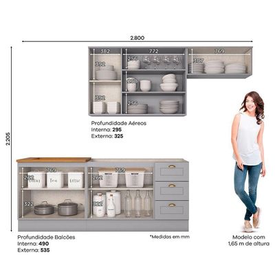Cozinha Compacta com Aéreo para Geladeira Amy 8 Portas 3 Gavetas MDF 280cm Cinza