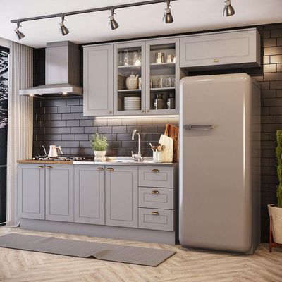 Cozinha Compacta com Aéreo para Geladeira Amy 8 Portas 3 Gavetas MDF 280cm Cinza