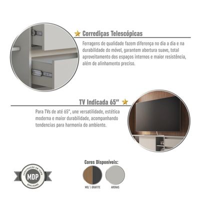 Rack para TV até 65 Polegadas 180cm com Nichos 2 gavetas Linea Arenas