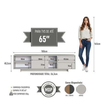 Rack para TV até 65 Polegadas 180cm com Nichos 2 gavetas Linea Arenas
