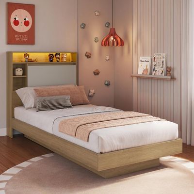 Cama de Solteiro 90 Suspensa com Ilunimação em Led e Organizador na Cabeceira Cancun Cor Mel/Arenas
