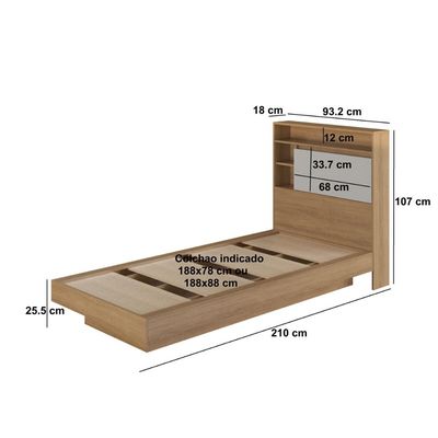 Cama de Solteiro 90 Suspensa com Ilunimação em Led e Organizador na Cabeceira Cancun Cor Mel/Arenas