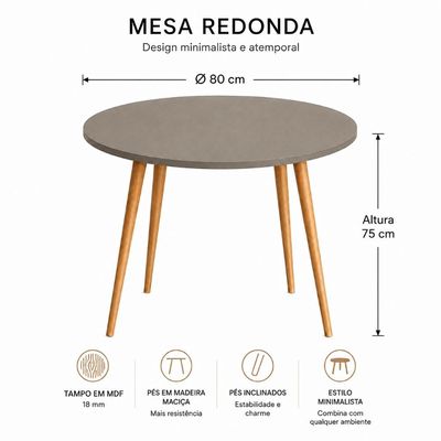 Mesa Jantar Sofia Redonda 80cm Mocca 18mm Pés de Madeira Natural Marin