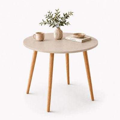 Mesa Jantar Sofia Redonda 80cm Linho Fendi 18mm Pés de Madeira Natural Marin