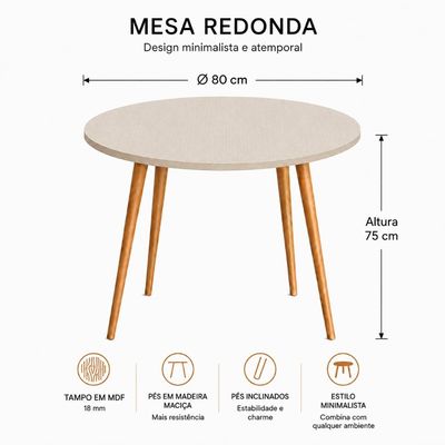 Mesa Jantar Sofia Redonda 80cm Linho Fendi 18mm Pés de Madeira Natural Marin