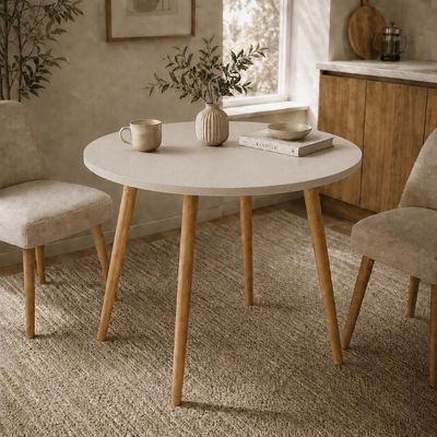 Mesa Jantar Sofia Redonda 80cm Linho Fendi 18mm Pés de Madeira Natural Marin