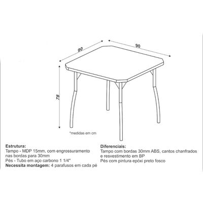 Mesa Bete 90x90 cm Tampo Amêndoa Pés Curvo em Aço Preto Criativa