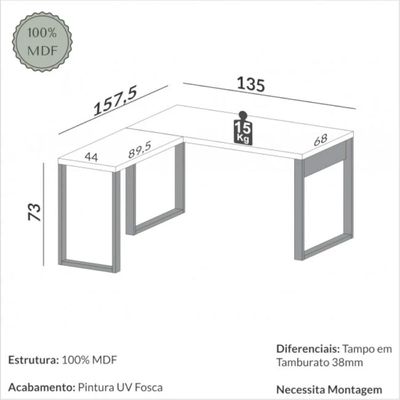 Mesa para Escritório de Canto 135x158cm MDF Off White Freijó Dalla Costa