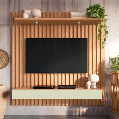 Painel Ripado Para TV 65 Pol com LED 2 Gavetas 183cm Baraka D03 Freijó Off White - Lyam Decor