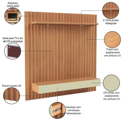 Painel Ripado Para TV 65 Pol com LED 2 Gavetas 183cm Baraka D03 Freijó Off White - Lyam Decor