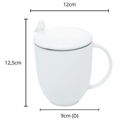 Conjunto 12 Canecas Chá com Infusor e Tampa 350ml Porcelana Birds Wolff Branco Xícara Filtro