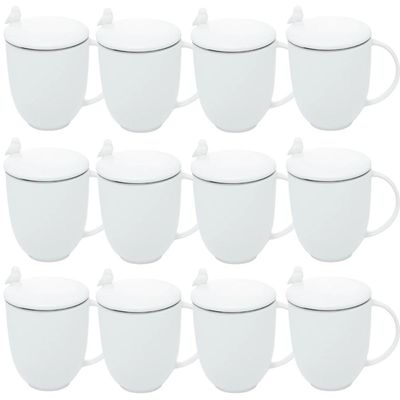 Conjunto 12 Canecas Chá com Infusor e Tampa 350ml Porcelana Birds Wolff Branco Xícara Filtro