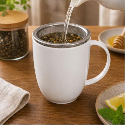 Conjunto 12 Canecas Chá com Infusor e Tampa 350ml Porcelana Birds Wolff Branco Xícara Filtro