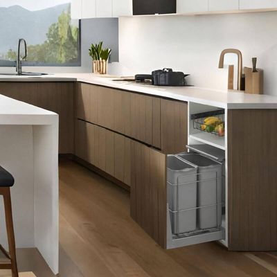 Lixeira Dupla Deslizante Cinza com Tampa Fixa para Cozinha 20 Litros Trilho Slow Schimitt