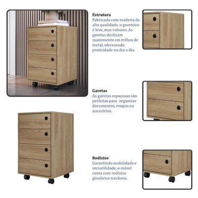 Kit 2pçs para Escritório Mesa Industrial Gaveteiro 4 Gavetas Placa e Ponto Marrom Home Office