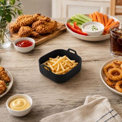 Forma Silicone Quadrada 20cm Preta Air Fryer Lyor com Alças Cesto Vasilha Forro Bandeja