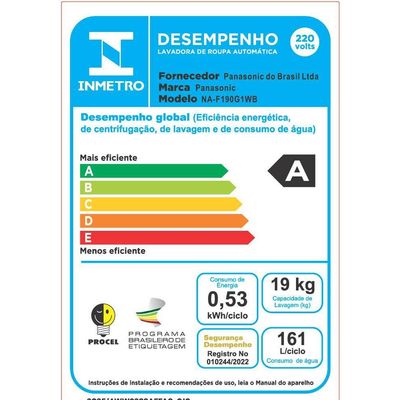 Lavadora Top Load F190WA 19kg Panasonic Branco / 110V