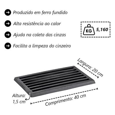 Grelha para Cinzeiro Fogão a Lenha 92615LB Ferro Fundido 20x40CM Preto Libaneza