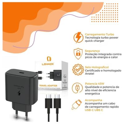 Carregador Turbo USB-C Para Smartphone Preto Android iPhone