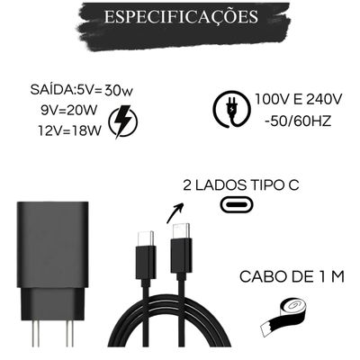 Adaptador USB-C Turbo Carregador Rápido Para Smartphone Preto
