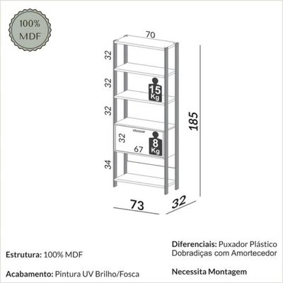 Estante 5 Prateleiras 1 `Porta Off White Freijó 73x32x185 cm Dalla Costa