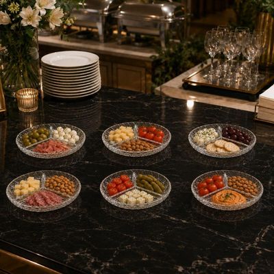 Jogo 6 Petisqueiras Redondas Vidro 3 Divisórias Floral Lyor 19,5cm Bandeja Aperitivos