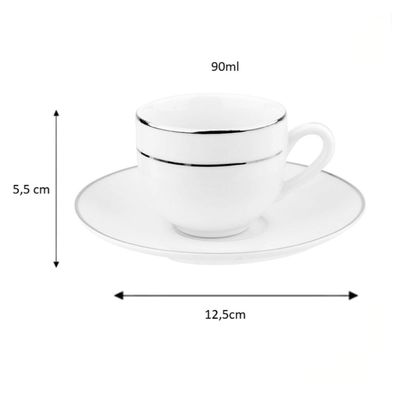 Conjunto 2 peças Xícara e Pires 90ml Café Porcelana Majesty Silver Branco Prateado Mesa Posta