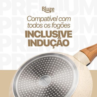 Frigideira Cerâmica Creme Antiaderente 2,5L Cabo de Madeira para Fogão a Gás Elétrico e Indução